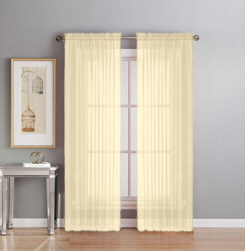 2 Piece Fully Stitched Sheer Voile Window Panel Curtain Drape Set - Picture 1 of 27