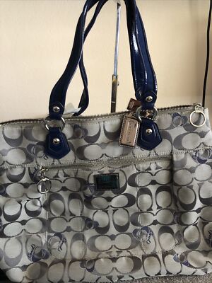 COACH Poppy Signature Hearts Glam Grey/ Blue Canvas Large