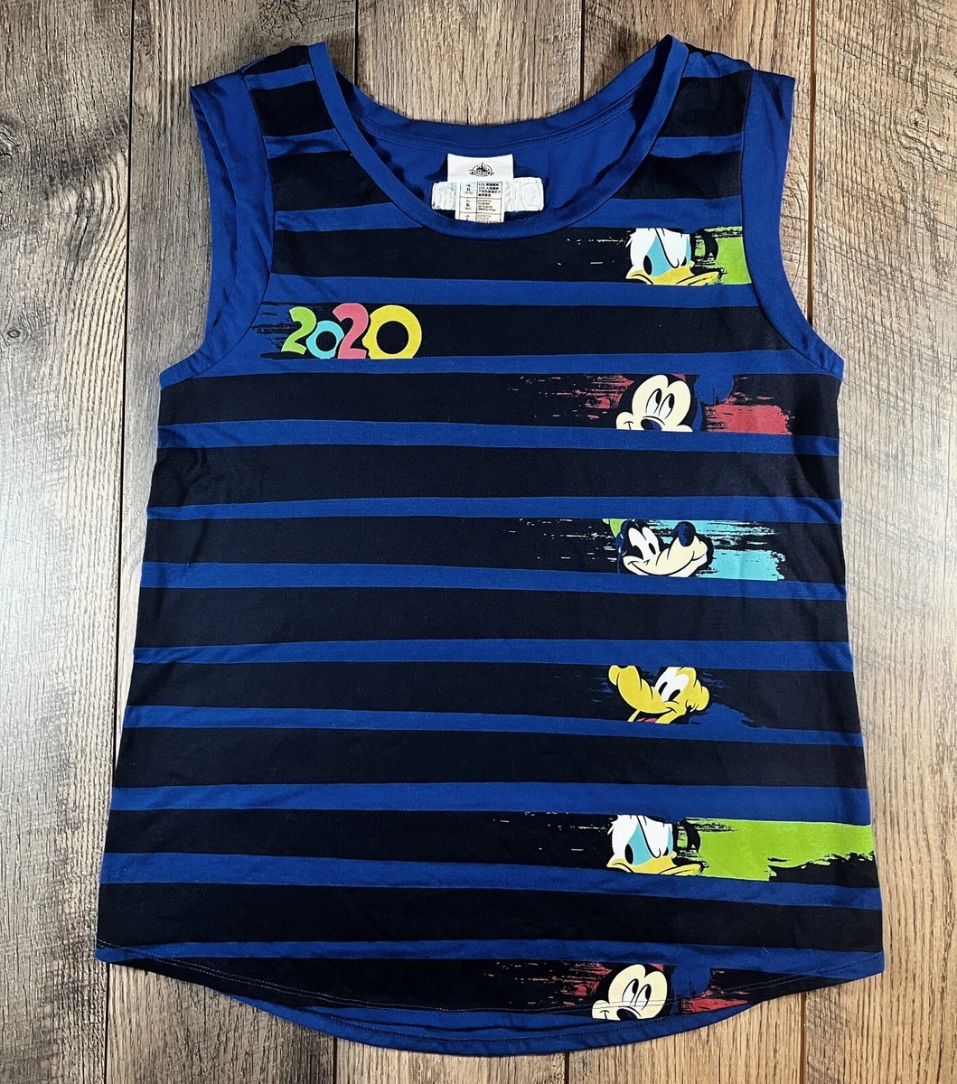 DISNEY Tank Top Adult Large Blue Black Stripe Walt Disney World Muscle Shirt  EUC