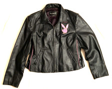 Playboy Bunny Black Leather Jacket Pink Bunny Logo Ladies Xl Retro 90s Vtg