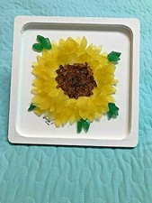 Large Sea Glass Yellow Sunflower on White wood frame, OOAK 214