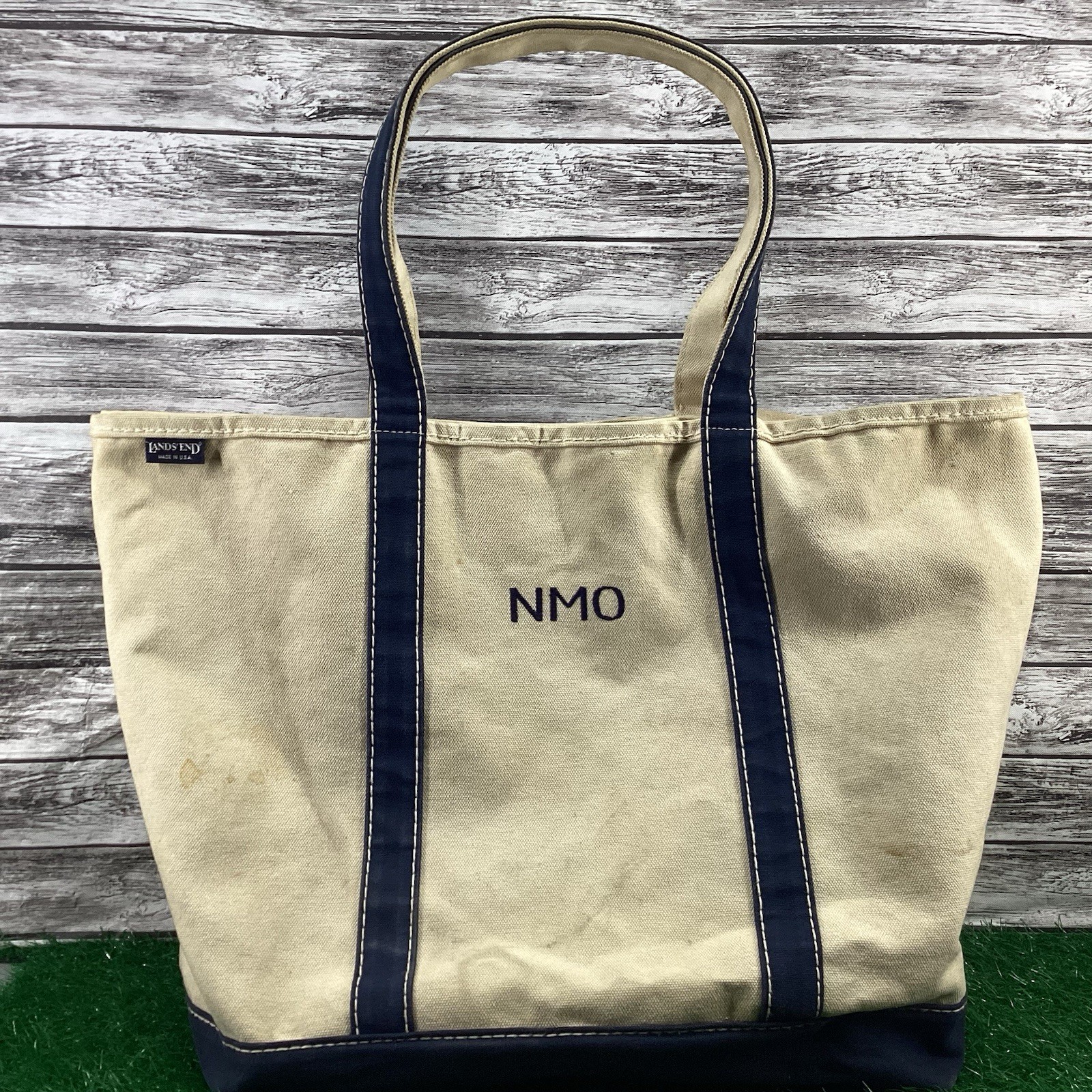 Vintage Lands End Canvas Tote Bag XL Ivory / Navy 22X14 Zip Top Made in USA
