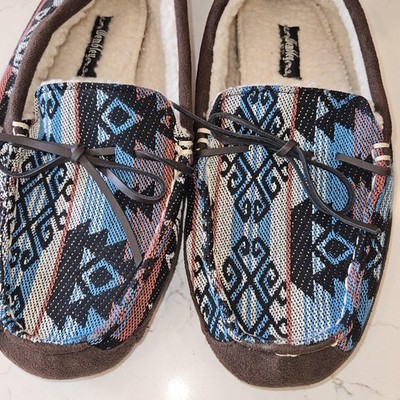 Wembley Moccasin Shoes Mens Size Large 9.5-10.5 Brown Aztec Fleece Slippers Cozy