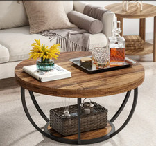 Rustic Brown Double-Layer Round Wooden Coffee Table with Storage Rack