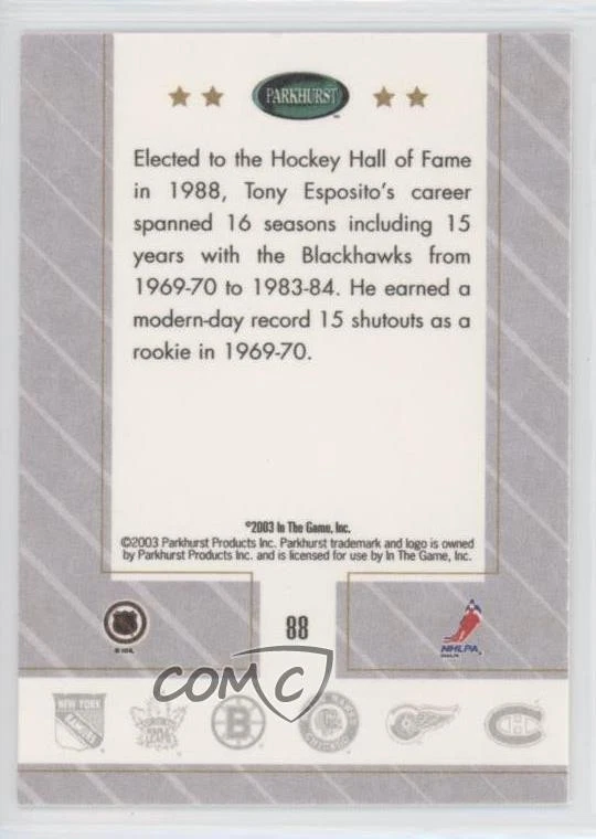 2003 Parkhurst Original Six Chicago Blackhawks Enshrined Tony Esposito #88 HOF - Image 2 of 2