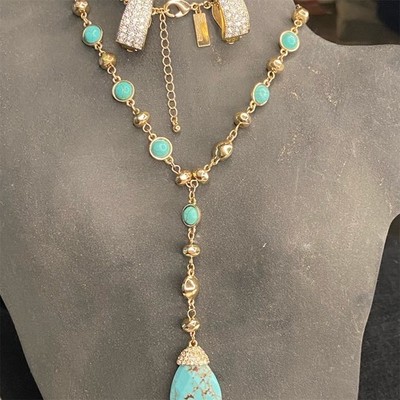 THE LIMITED Turquoise Bead Y-Necklace Teardrop Pendant Clip-On Earrings Set