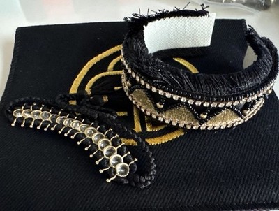 Budhagirl Set Of 2 Gold & Black Beaded Cuff & Crystal Slip Bracelets NEW w Pouch