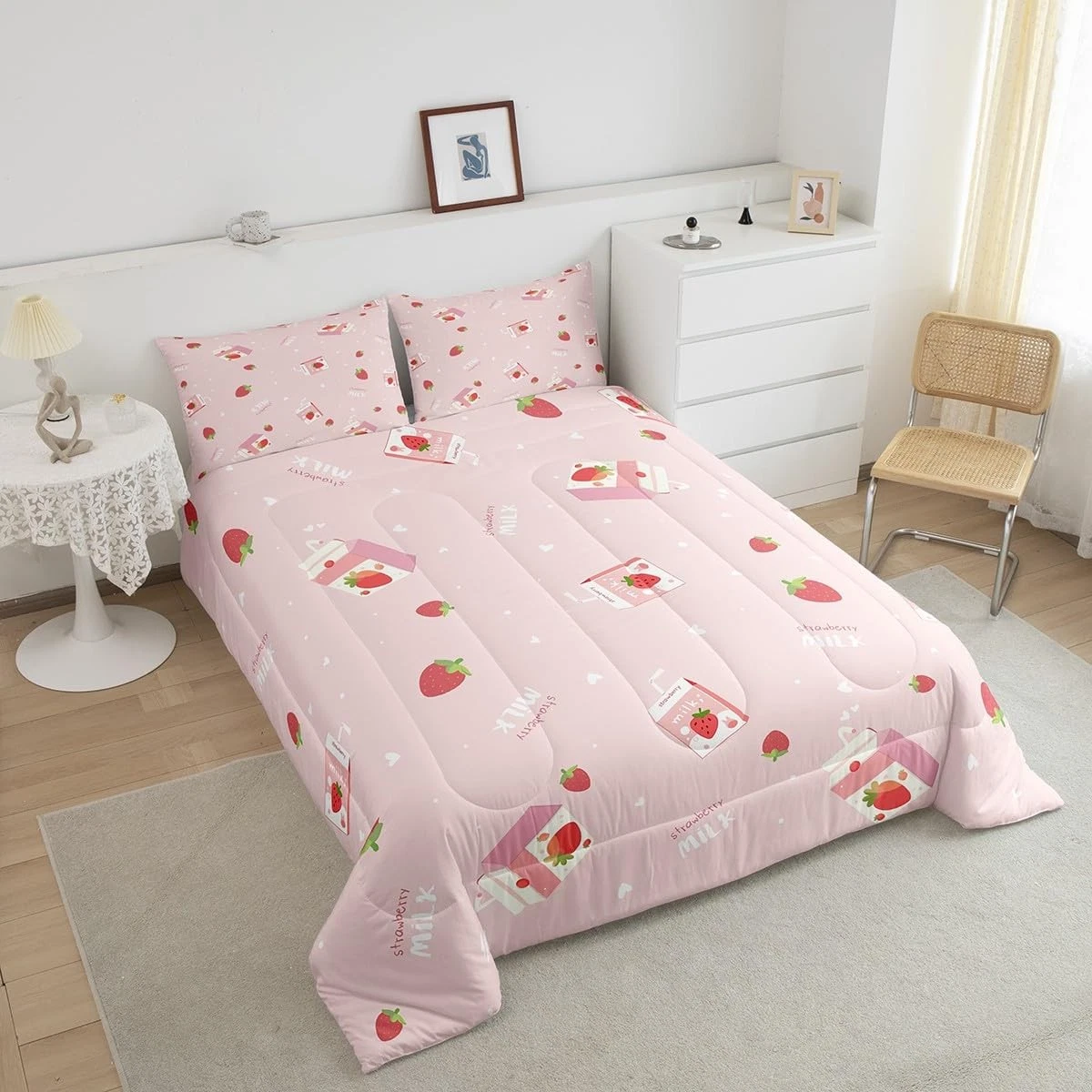 Pink Strawberry Full Size Comforter Set for Kids