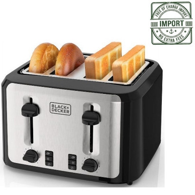 BLACK+DECKER Black/Silver 4 Slice Toaster with Extra Wide Slots, 1400 W