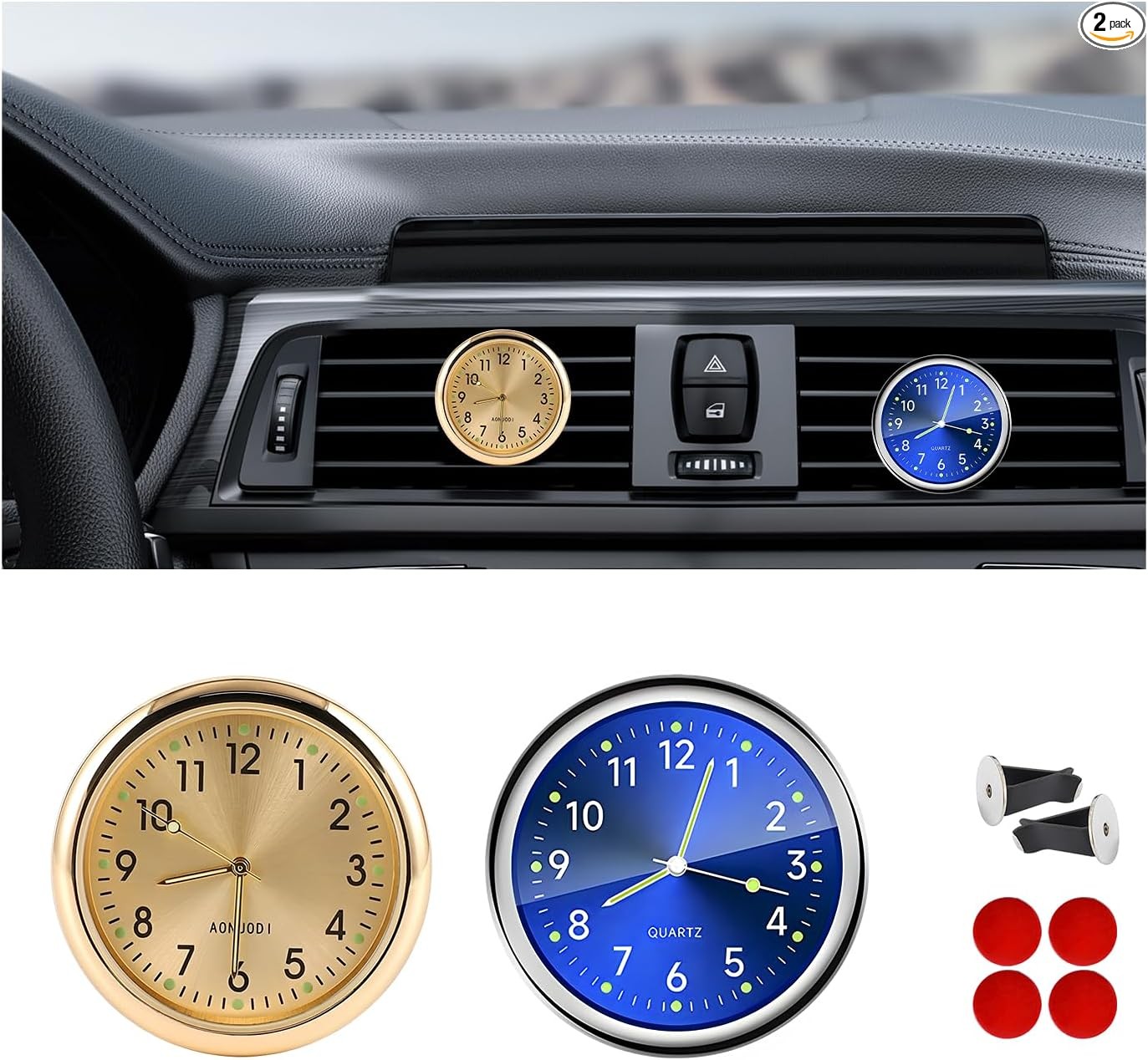 2PCS Stick on Dashboard Clock, Mini Luminous Analog Clock w Color: Blue+golden