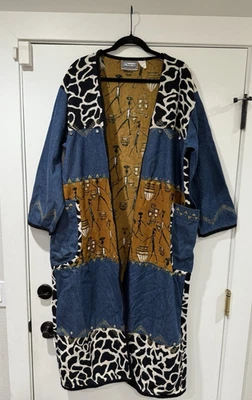 VTG 80s 90s Molato Womens Jacket M Denim Duster Abstract African Art To Wear - Image 1 of 4