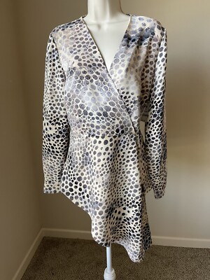 Alfani Women s Brown Polka Dot Asymmetrical Wrap Front Long Sleeve Blouse s M