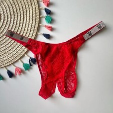 Victoria's Secret Shine Strap Lace Crotchless Brazilian Panty Red Large NEW
