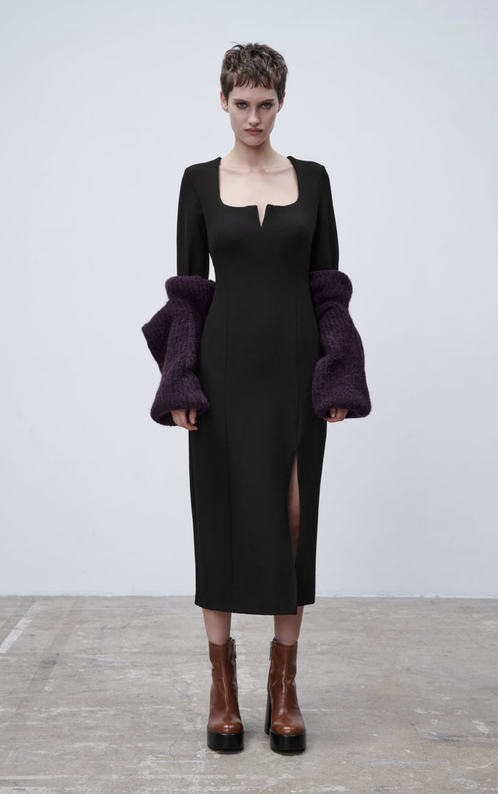 Zara Solid Black Split Square Neck Open Back Midi… - image 2