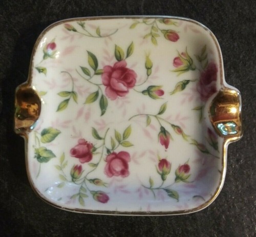 Vintage Lefton China Rose Pin Tray Trinket Dish Ashtray With Gold Trim - Picture 2 of 4