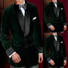 Men Vintage Velvet Smoking Suits Jacket Robe Shawl Lapel Tuxedo Blazer Tailored