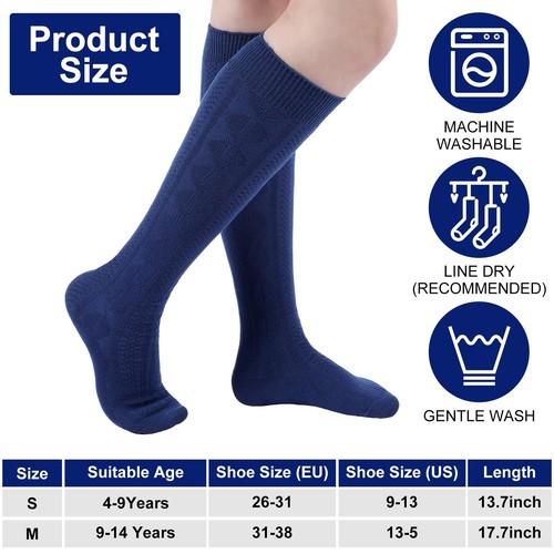 9 Pairs Navy Blue Knee High Socks Girls Uniform School Socks Cotton Cable Blu... - Picture 3 of 6