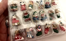 BOX Vtg SET 18 Mini XMAS TREE 1" Ornaments RESIN Stocking Critters Boxed Painted