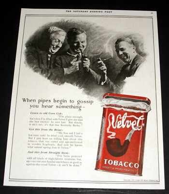 pipes and tobacco magazine 1921 OLD MAGAZINE PRINT AD, VELVET PIPE TOBACCO, WHEN PIPES BEGIN TO  GOSSIP!