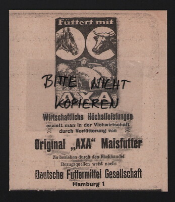 HAMBURG, Werbung 1927 Deutsche Futtermittel Gesellschaft Original AXA Maisfutter