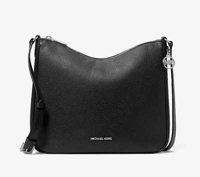 Michael Kors Nayla Medium Messenger Crossbody Bag Pebble Leather Black Silver