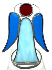 Stained Glass Choir Angel Figurine Windowsill Suncatcher Stand Blue Red Halo