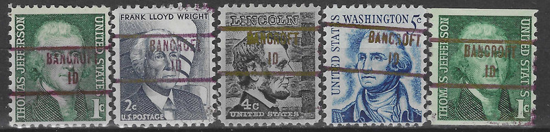 IDAHO PRECANCELS, PROMINENT AMERICANS, BANCROFT, TYPE 853, 5 DIFFERENT