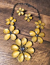 Yellow Flower Teardrop Crystal Rhinestone Necklace  Earrings Jewelry Set
