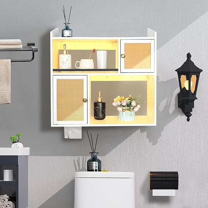 Wall Mounted Bathroom Cabinet with LED Light 2-Door Floating Storage Shelf