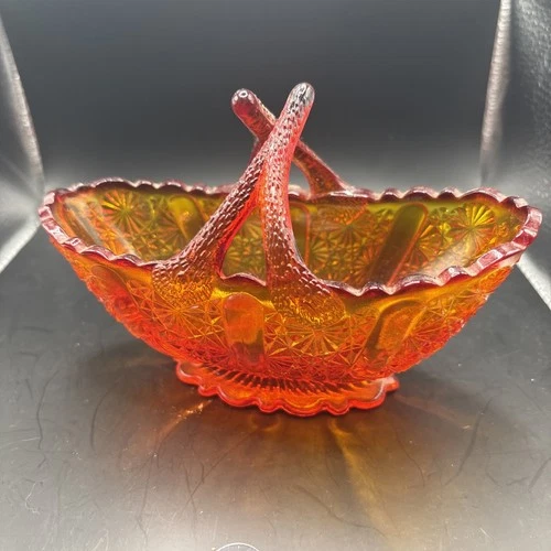 VINTAGE FENTON ART GLASS ORANGE DAISY & BUTTON BASKET