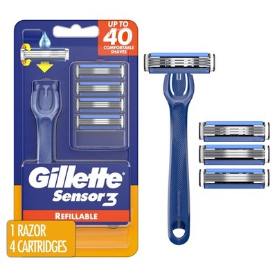 Gillette Sensor3 Refillable Razor for Men, 1 Shaving Razor Handle & 4 Blade