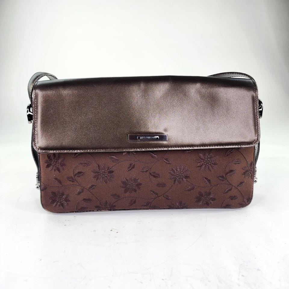 Paco Rabanne Brown Leather/Satin Adjustable Shoulder Bag Embroidered Purse Bags - Image 3 of 4