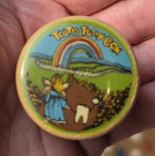 VINTAGE Round Wooden Tooth Fairy Keepsake Box, Rainbow Lid with Tooth Design