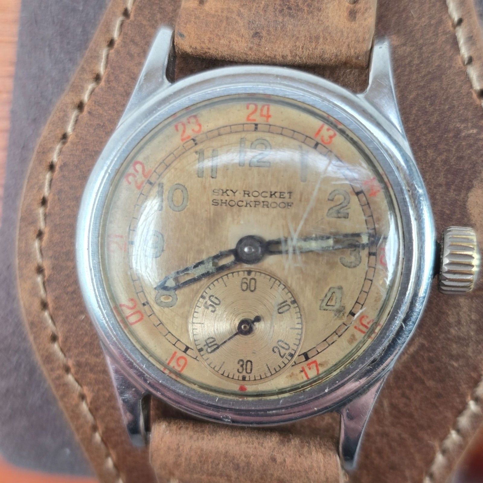 Cool Vintage Rare Sky Rocket Rolex WWII Era Shockproof Wristwatch Leather Band