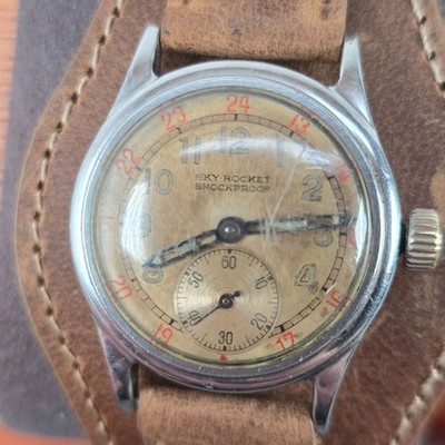 Cool Vintage Rare Sky Rocket Rolex WWII Era Shockproof Wristwatch Leather Band