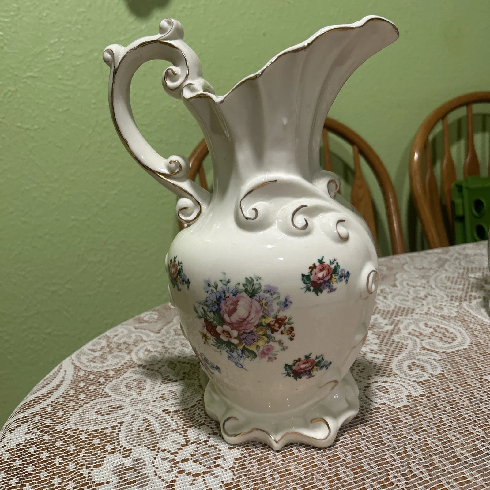 Floral Vintage pitcher vase with gold trim Very Elegant Piece 12" Tall