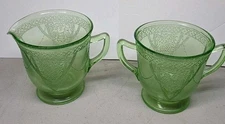 Federal Depression Georgian Lovebirds Vaseline Green Glass  Sugar Bowl & Creamer