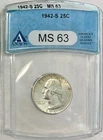 1942-S Silver Washington Quarter, ANACS MS-63, Older Blue Label Holder