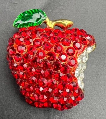 Vintage Red and Crystal Rhinestone Apple with a Bite Taken Out Pin