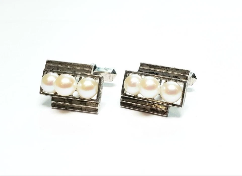 Mikimoto Pearl Cuff Links Akoya Pearls Vintage Mikimoto Silver - Image 2 of 3