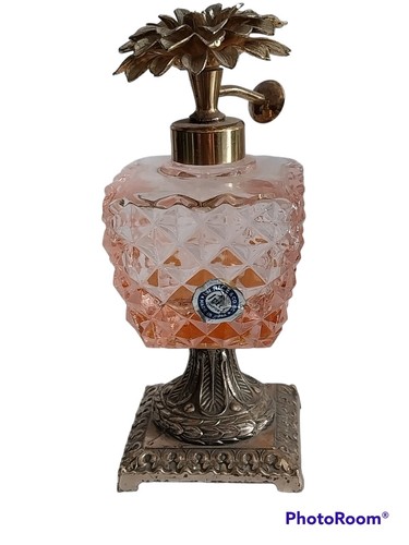 Vtg Irice Pedestal Footed Faceted Glass Perfume Atomizer Metal Flower Top  5.75" - Picture 2 of 12