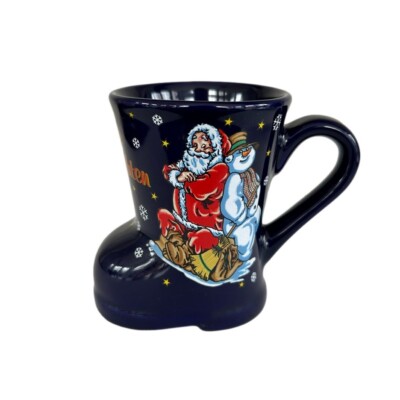 Frohe Weihnachten German Christmas Boot Mug Santa Bears Trees Gifts Cobalt Blue