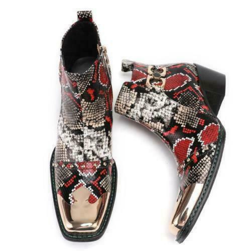 Men Leather DJ Ankle Boots Shoes Metal Pointy Toe Chunky Party Snakeskin Pattern - Picture 5 of 9