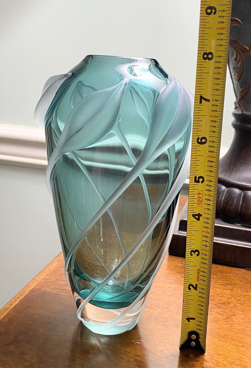 Antique Glass Vase セット VTG 90s William Glasner Green Applied Frosted Leaf Art Glass