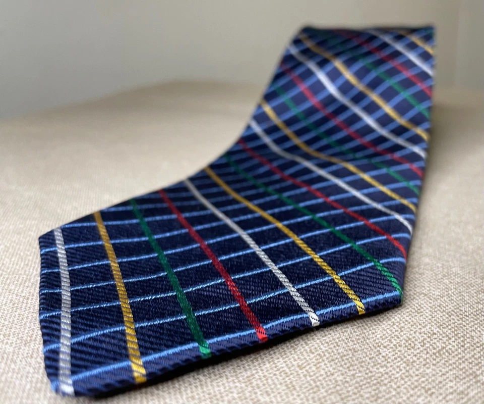 Corbata Paul Fredrick Azul Geométrica Rojo, Amarillo, Verde Rayas Seda Larga 60"x3.5" Foto 2 de 4