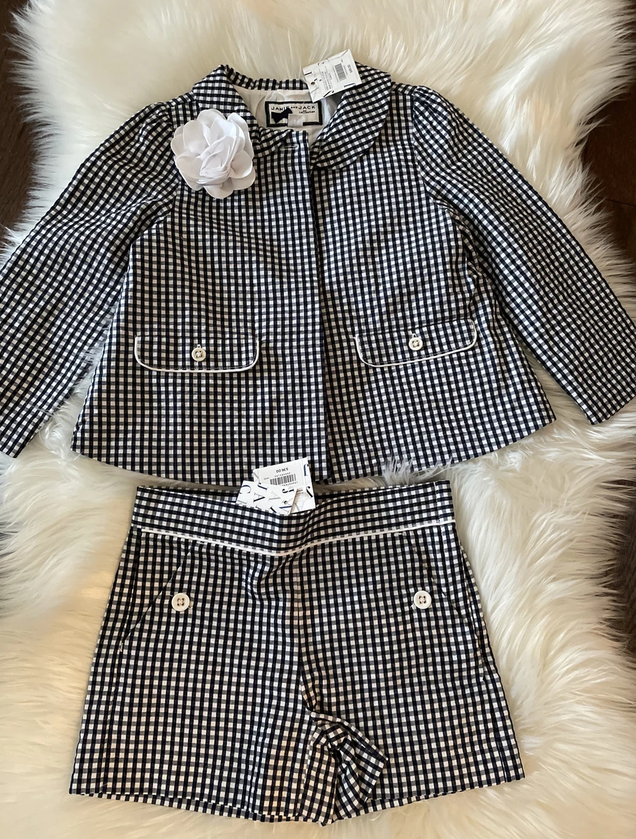 105 Janie and Jack Girls 6 5 6 Navy Gingham Check Jacket Shorts Suit Outfit
