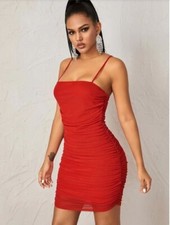 Shein Women's Red Ruched Mesh Bodycon Cami Mini Dress Large