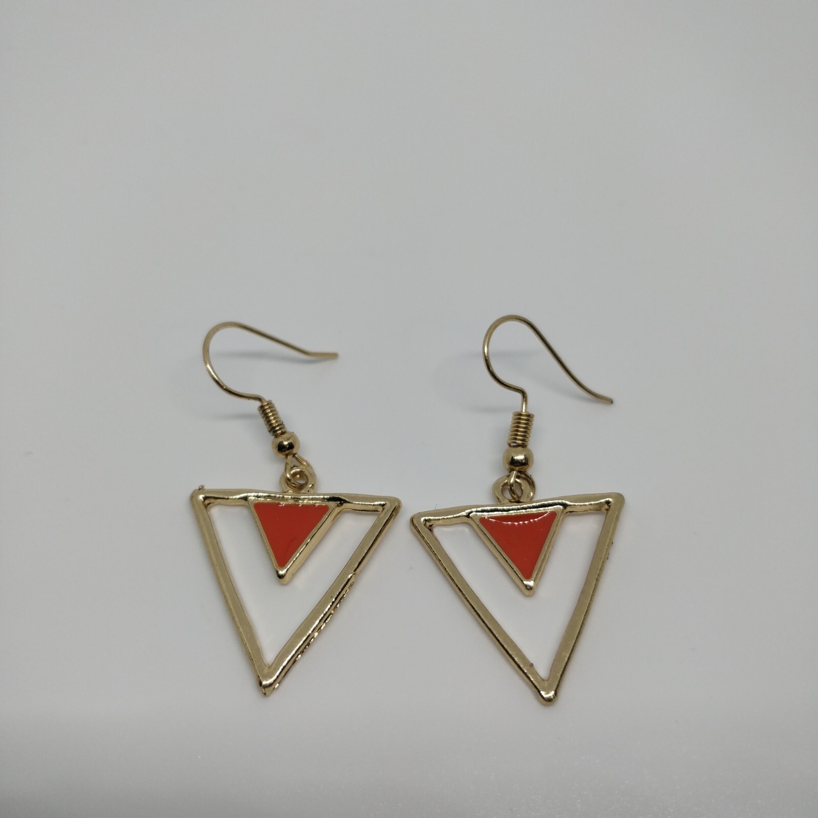 Triangle Drop Earring Geometric Orange Enamel Gol… - image 2