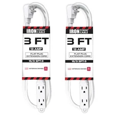 2 Pack 3 Ft Extension Cords with 3 Electrical Power Outlets Durable White Cable