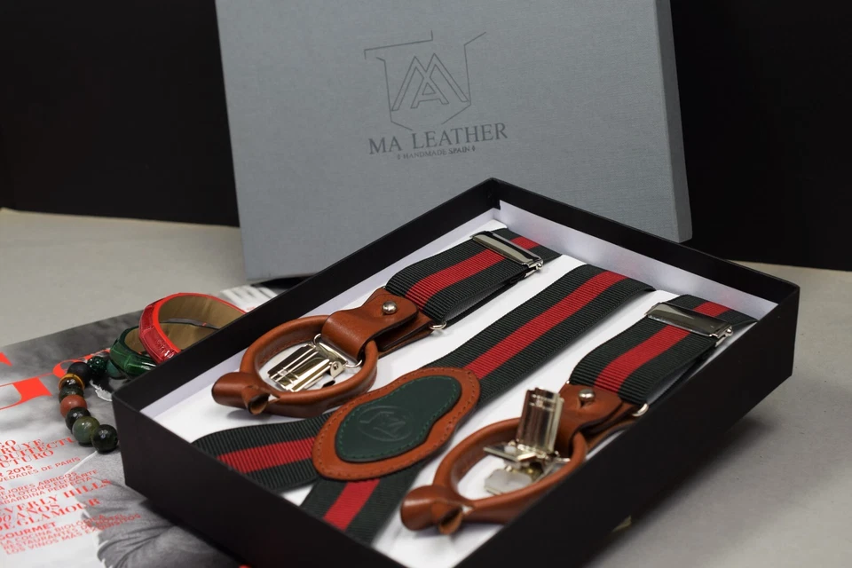 SUSPENSORES HOMBRE ROJO VERDE OSCURO ELÁSTICO CUERO GENUINO CLIP DE BODA Y BOTÓN T 26 Foto 2 de 4